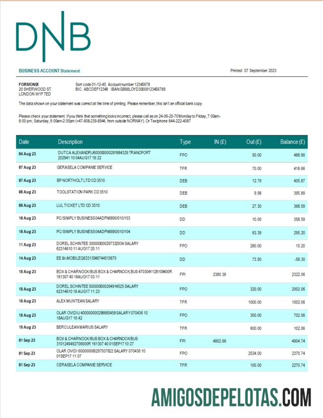 Em branco Extrato de conta da empresa do banco DNB modelo Word e PDF